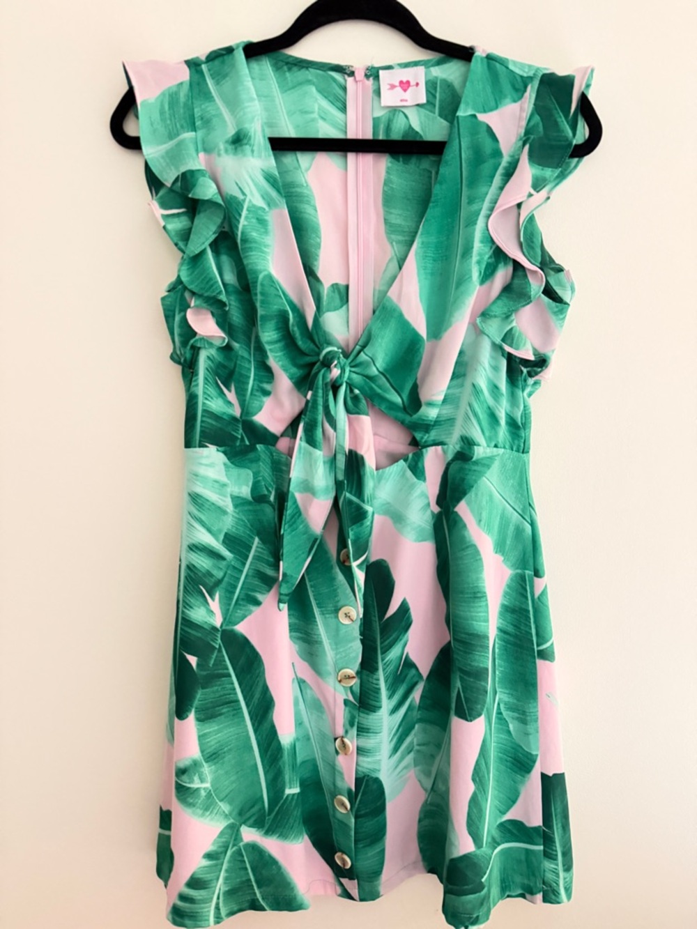 Buddy Love Pink & Green Tropical Leaf Tie Front Mini Dress